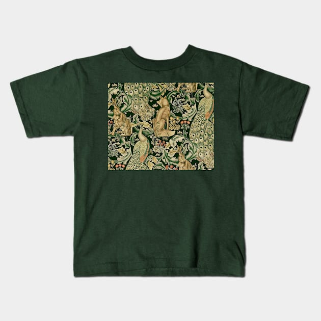 GREEN FOREST ANIMALS ,PEACOCKS, FOX AND HARE Kids T-Shirt by BulganLumini